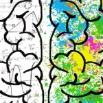 Un dibujo de un cerebro dividido por la mitad: la izquierda muestra fórmulas matemáticas y formas, mientras que la derecha estalla de color y salpicaduras de pintura: ilustra la creatividad, la lógica y cómo una ley de la segunda oportunidad puede dar equilibrio a tu vida.