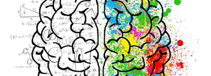 Un dibujo de un cerebro dividido por la mitad: la izquierda muestra fórmulas matemáticas y formas, mientras que la derecha estalla de color y salpicaduras de pintura: ilustra la creatividad, la lógica y cómo una ley de la segunda oportunidad puede dar equilibrio a tu vida.